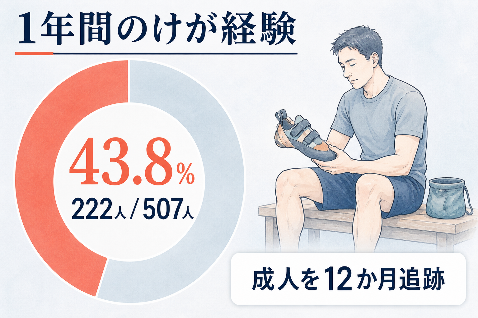 成人の屋内ボルダラー507人中222人、43.8%が1年間にけがを経験した調査の円グラフ