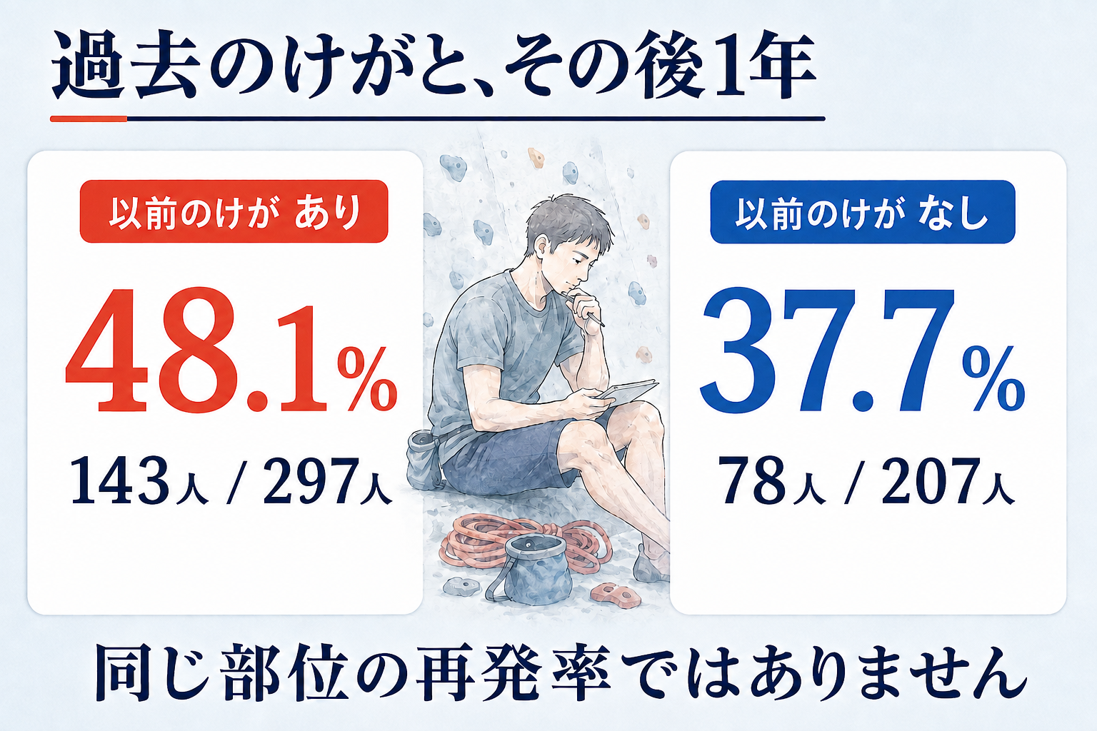 その後1年間のけが経験割合。以前のけがありは297人中143人で48.1%、なしは207人中78人で37.7%。同じ部位の再発率ではない